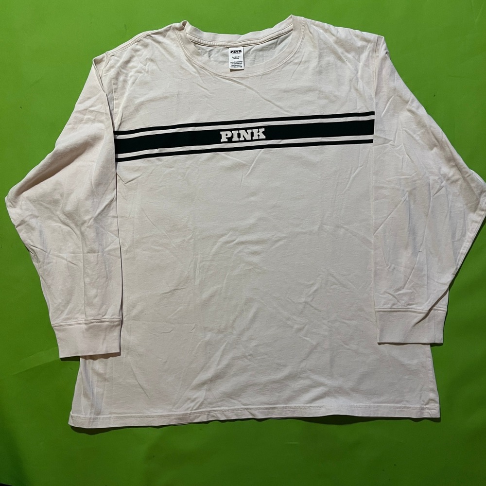 Victoria's Secret PINK Long Sleeve Shirt Cream Black Logo Stripe XL Mens Womens